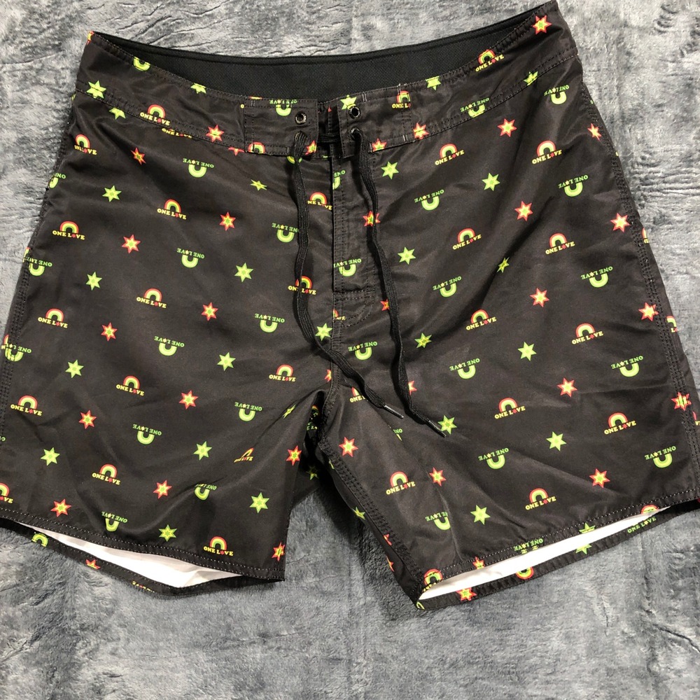 Stussy Board Shorts Mens 36 Black One Love Rainbow Star Print Swim Trunks